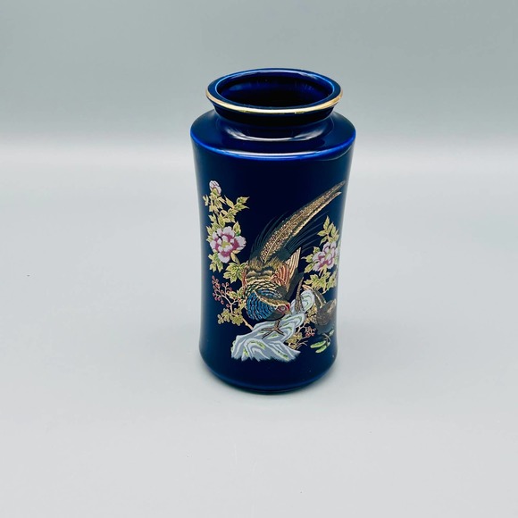 Vintage Cobalt Japanese Floral & Bird Vase 6” - Picture 2 of 9